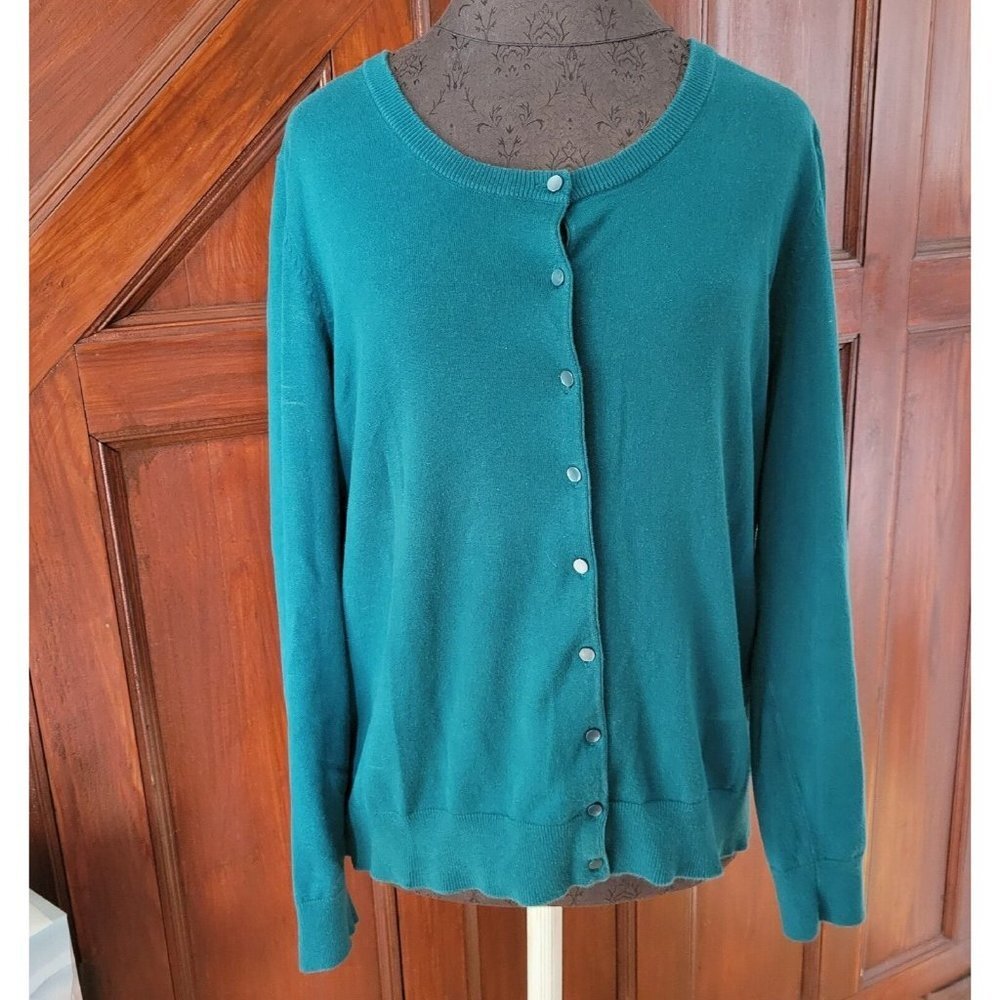 Talbots Teal Crew Neck Knit Cardigan Sweater Button Front L Pima Cotton Stretch